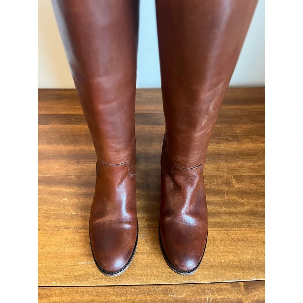 FRYE Melissa Lug Button Tall Riding Boots 77167 Brown Leather Side Zip W Size 7‎